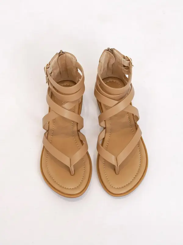 Women's Fashionable Solid Color Flat Sandals, Casual Versatile Roman Walking Shoes, Summer 2024 Buckle Toe Thong Sandals, Sim...