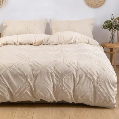 Solid Color Geometric Pattern Duvet Cover & Pillowcase without Filler, 3 Counts Duvet Cover Set for Bed Comforter, Comfy Bedd...