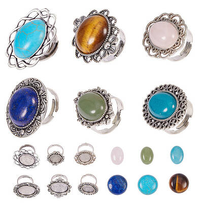 SUNNYCLUE 6pcs Antique Silver Adjustable Blank Flower Cabochon Ring Settings with 6pcs Round 20mm Gemstone Cabochons for DIY ...