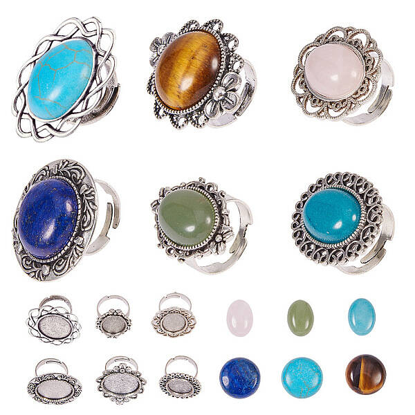 SUNNYCLUE 6pcs Antique Silver Adjustable Blank Flower Cabochon Ring Settings with 6pcs Round 20mm Gemstone Cabochons for DIY ...