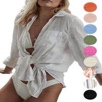 Boho Women's Semi-sheer Button Front Cover Up Long Sleeve Pocket Collared Top for Beach Holiday Vacation Casual Wear Fitted S...