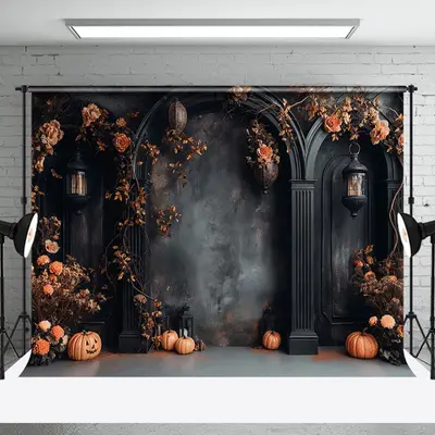 Halloween Dark Black Wall Floral Cake Smash Backdrop