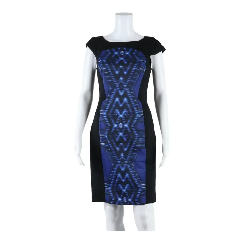 KAREN MILLEN Womens Pencil Dress Blue Geometric Sleeveless Midi UK 12