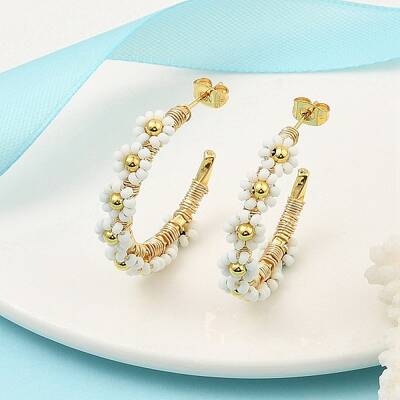 304 Stainless Steel & Bohemian Beaded C-Shaped with Flower Stud Earrings for Women