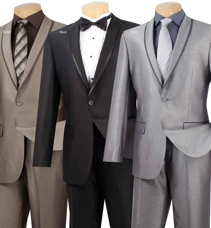 Vinci Men's Slim Fit Sharkskin Suit with Trimmed Shawl Lapel