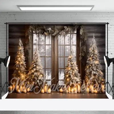 Candles Wood Window Forest Merry Christmas Backdrop - Aperturee