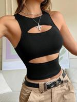 Women's Solid Hollow Out Racerback Tank Top, Casual Sleeveless Top for Summer, Women's Clothing for Daily Wear