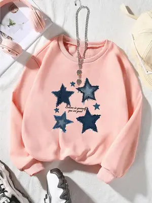 Girl's Star Print Crew Neck Sweatshirt, Casual Long Sleeve Pullover for Fall & Winter, Kids Clothes for Daily Wear