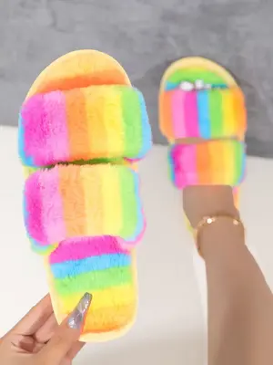 Women's 2024 Novelty Rainbow Colorful Fluffy Slippers, Comfort Minimalist Footwear, Slide Shoes, Girls Flipflop, Casual Match...