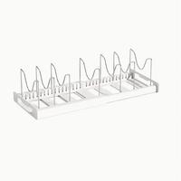 Expandable Pot & Pan Organizer Rack with 7 Adjustable Dividers – Foldable Kitchen Lid & Bakeware Holder (White/Grey)