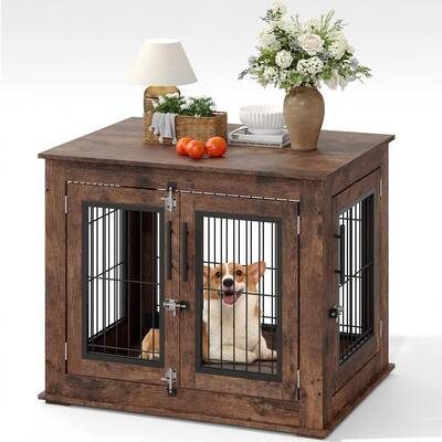 Garvee Medium Farmhouse Dog Crate Furniture End Table, Heavy Duty Wooden Kennel Cabinet with Double Doors for Small/Medium Do...