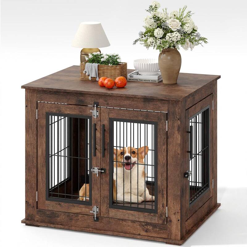 Garvee Medium Farmhouse Dog Crate Furniture End Table, Heavy Duty Wooden Kennel Cabinet with Double Doors for Small/Medium Do...