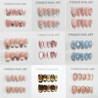 C34-C53 Elegant Handmade Press on False Nails Cat Eye Flowers Design French Tips Stick on Nails