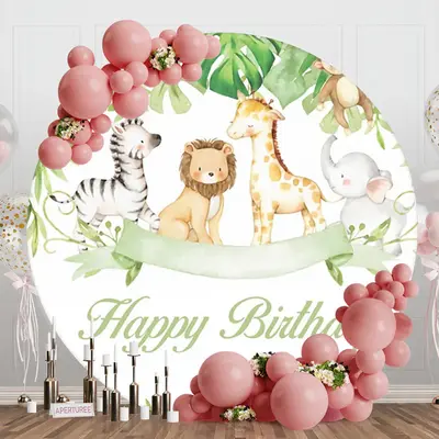 Cartoon Forest Animals Round Happy Birthday Backdrop - Aperturee