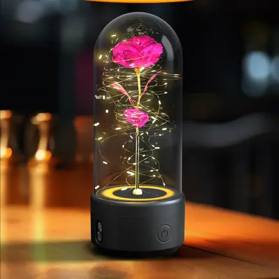 2-in-1 Rose Flowers LED Light & Bluetooth Speaker | Color: Black Base Color Flower