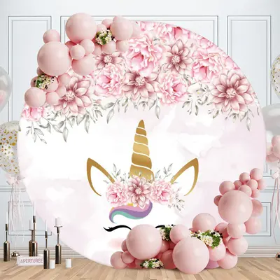 Aperturee Unicorn Flower Round Birthday Backdrop For Party