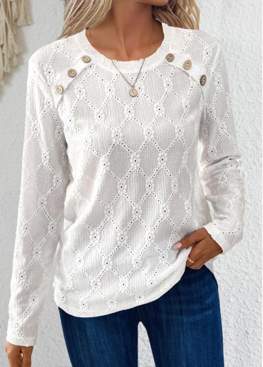 Modlily White Button Long Sleeve Round Neck T Shirt - XL