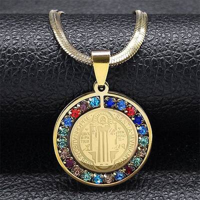 Colorful Rhinestone Saint Benedict Pendant Necklaces