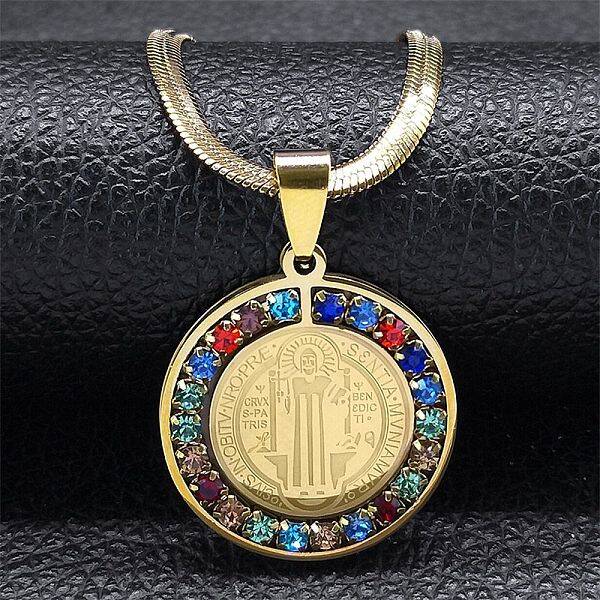 Colorful Rhinestone Saint Benedict Pendant Necklaces