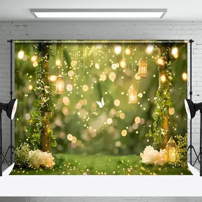 Aperturee Spring Green Forest Gold Bokeh Backdrop For Wedding