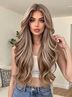 28 Inch Long Wavy Natural Looking Wigs for Women, Gorgeous Fluffy Wave Wig without Bangs, Synthetic Lace Front Wigs for Party...