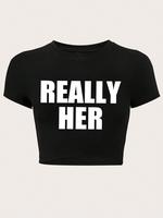 Women's Letter Print Round Neck Crop Tee, Fashion Casual Tight-fitting Short Sleeve T-shirt for Daily Wear, Graphic Tees, T S...