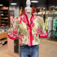 blouse Cherrybetty Ruffle Stripe Trim Floral Poplin Top