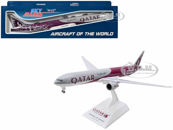 Boeing 777-300 Commercial Aircraft with Landing Gear Qatar Airways - FIFA World Cup Qatar 2022 Gray and Dark Red (Snap-Fit) 1...