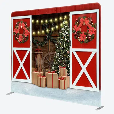 Aperturee Red Barn Wood Door Christmas Tension Fabric Backdrop - Aperturee