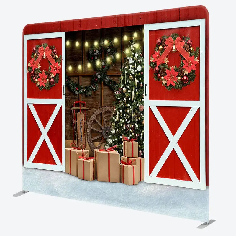 Aperturee Red Barn Wood Door Christmas Tension Fabric Backdrop - Aperturee