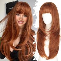 4x4 Free Parting Realistic Scalp Long Wig with Bangs for Women,Layered Hairstyle Synthetic Heat Resistant for Daily Party Use
