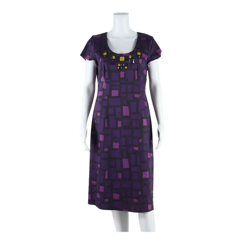 BODEN Womens Pencil Dress Purple Geometric Short Sleeve Midi UK 14