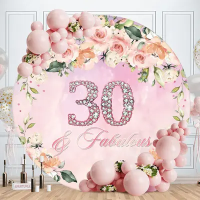 Aperturee Pink Floral And Diamond 30th Round Birthday Backdrop