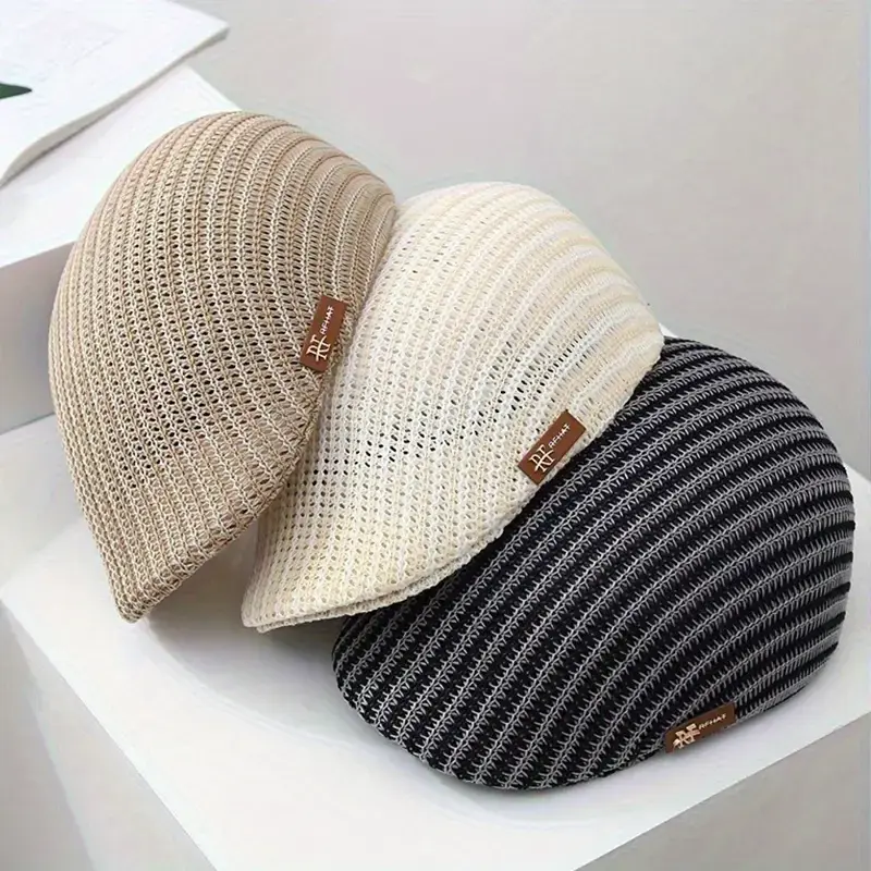 1pc Lightweight Striped Beanie Hat for Men & Women – Breathable Polyester Cap with Adjustable Pull-On Closure, Perfect for ...