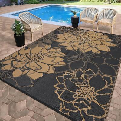 Garvee Outdoor Patio Rug 8x10 Waterproof Reversible Floral Design Plastic Straw Rug with Stakes Portable Bag for Camping Balc...