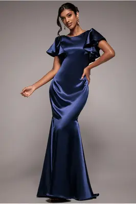Goddiva Satin Flutter Sleeve Mermaid Maxi - Navy