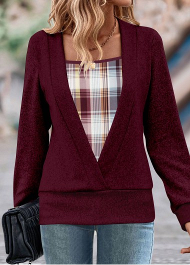 Modlily Wine Red Fake 2in1 Plaid Long Sleeve Sweatshirt - XXL