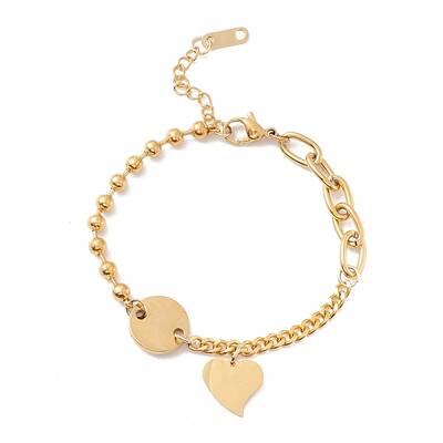 PVD Vacuum Plating Flat Round and Heart Charm Bracelet with 304 Stainless Steel Chains for Women