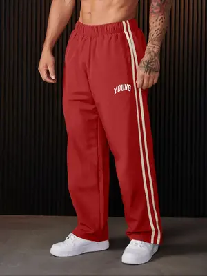 Men's Regular Fit Letter Print Drawstring Waist Sports Pants, Casual Comfy Elastic Waist Trousers for Outdoor Hiking Travel, ...