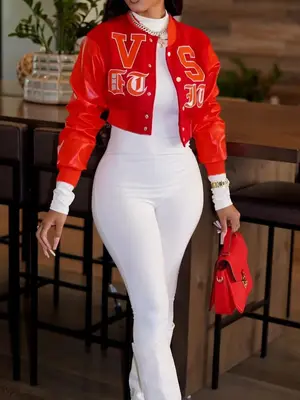 Women's Letter Patched Button Front Crop PU Jacket, Casual Drop Shoulder Long Sleeve Baseball Collar Outerwear for Fall & Win...