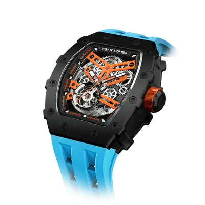 TSAR BOMBA Men's Automatic Watch | Black Blue | Stainless Steel Case | Japanese Mechanical Skeleton Movement | Luxury Sport W...