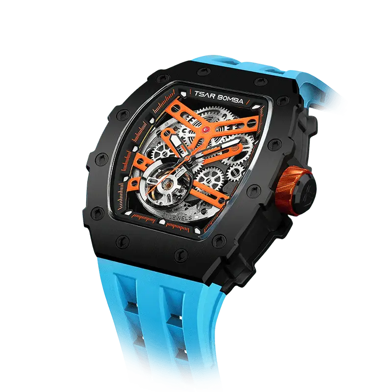 TSAR BOMBA Men's Automatic Watch | Black Blue | Stainless Steel Case | Japanese Mechanical Skeleton Movement | Luxury Sport W...