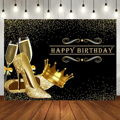Glitter Golden Heels Crown Black Birthday Backdrop - Aperturee