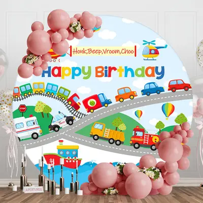 Honk Beep Vroom Choo Round Happy Birthday Backdrop - Aperturee