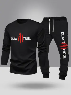 【plus Size】 Men's Letter Print Sweatshirt & Sweatpants Set, Regular Fit Casual Long Sleeve Pullover & Jogger Pants, Men's...