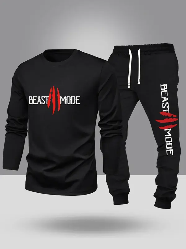 【plus Size】 Men's Letter Print Sweatshirt & Sweatpants Set, Regular Fit Casual Long Sleeve Pullover & Jogger Pants, Men's...