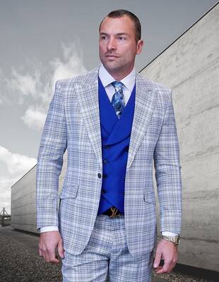 Mens 100% Wool 3 Piece Striped Suit - Electric Blue