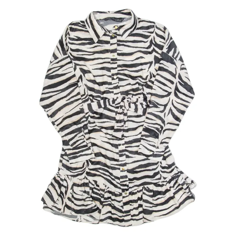 ZARA Womens Tea Dress Beige Animal Print Long Sleeve Short M