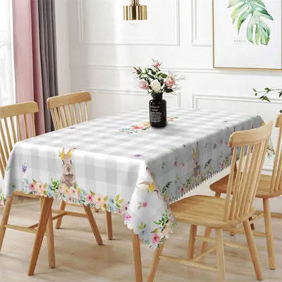 Elegant Spring Floral Bunny Gary Plaid Tablecloth - Aperturee