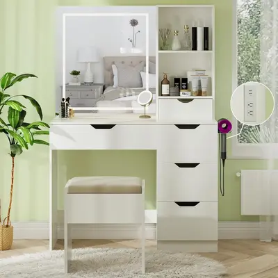 Vanity Desk with LED Lights Mirror & Power Outlet, 3 Lighting Colors Vanity Table with 5 Drawers, Makeup Vanity Set and Cushi...